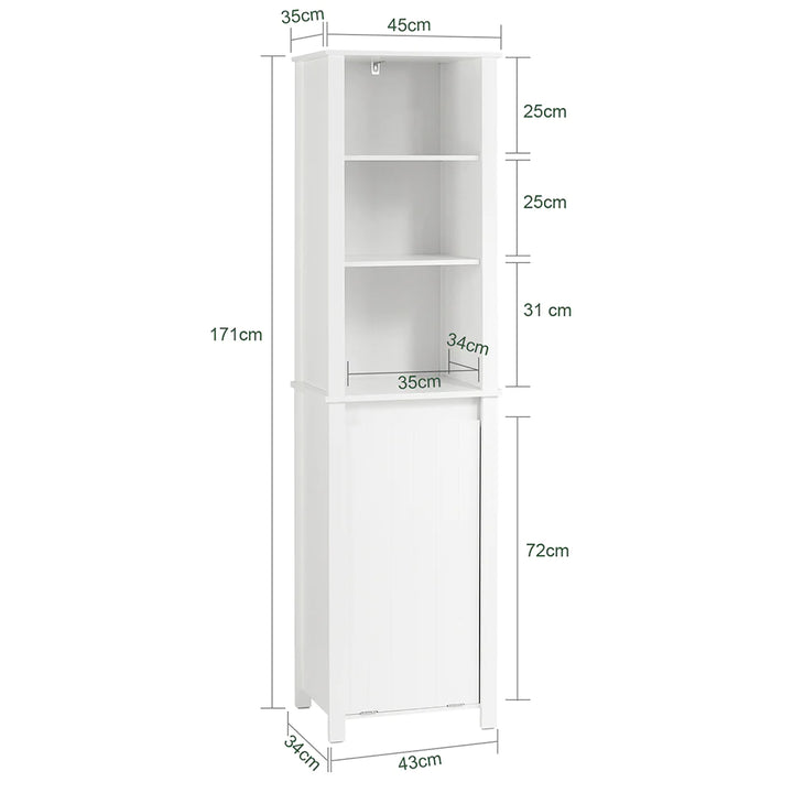 Højt skab med vasketøjskurv, pladsbesparende badeværelsesmøbel, 43x34x171 cm, hvid
