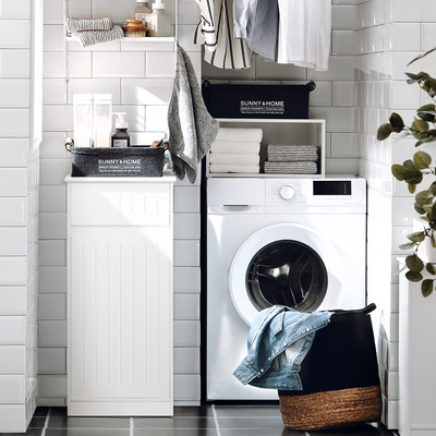 Badeværelsesskab / vasketøjskurv med skuffe, 40x39x86 cm, hvid