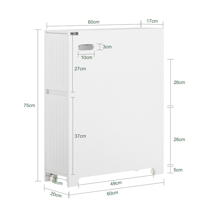 Smalt opbevaringsskab til badeværelset, 60 x 20 x 75 cm, hvid