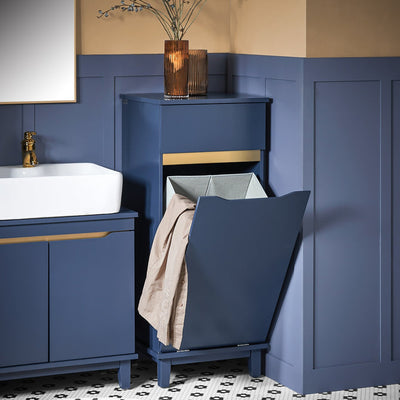 Badeværelsesskab med vasketøjskurv, 40x40x96 cm, blå