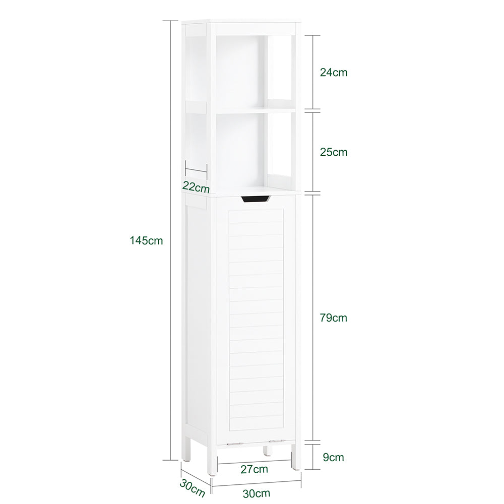 Stilfuldt og funktionelt badeværelsesskab med vasketøjskurv, L30xB30xH145 cm, hvid