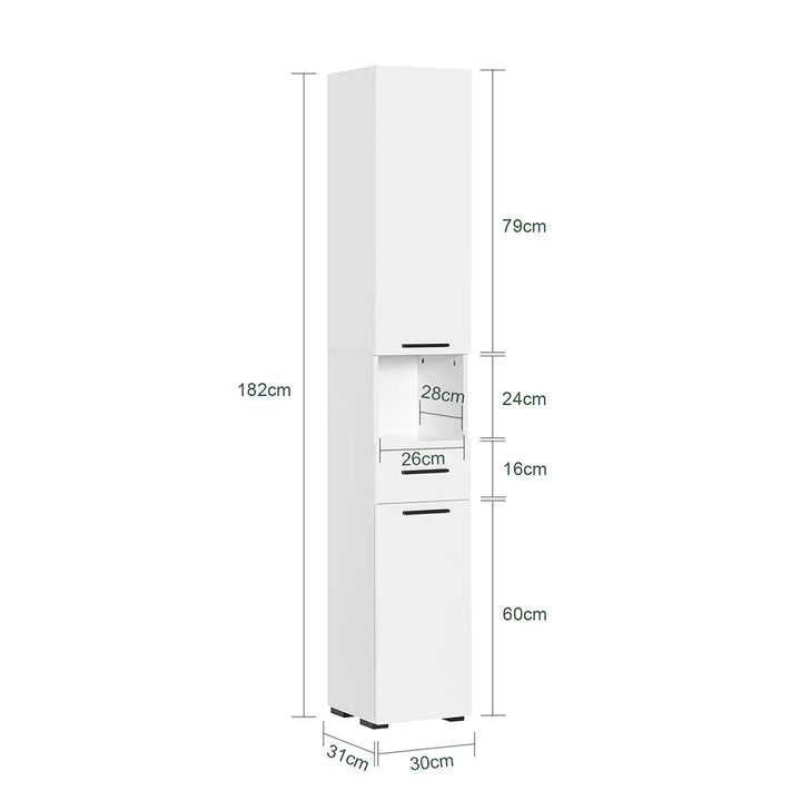 Pladsbesparende badeværelsesskab, L30xB31xH182cm, hvid