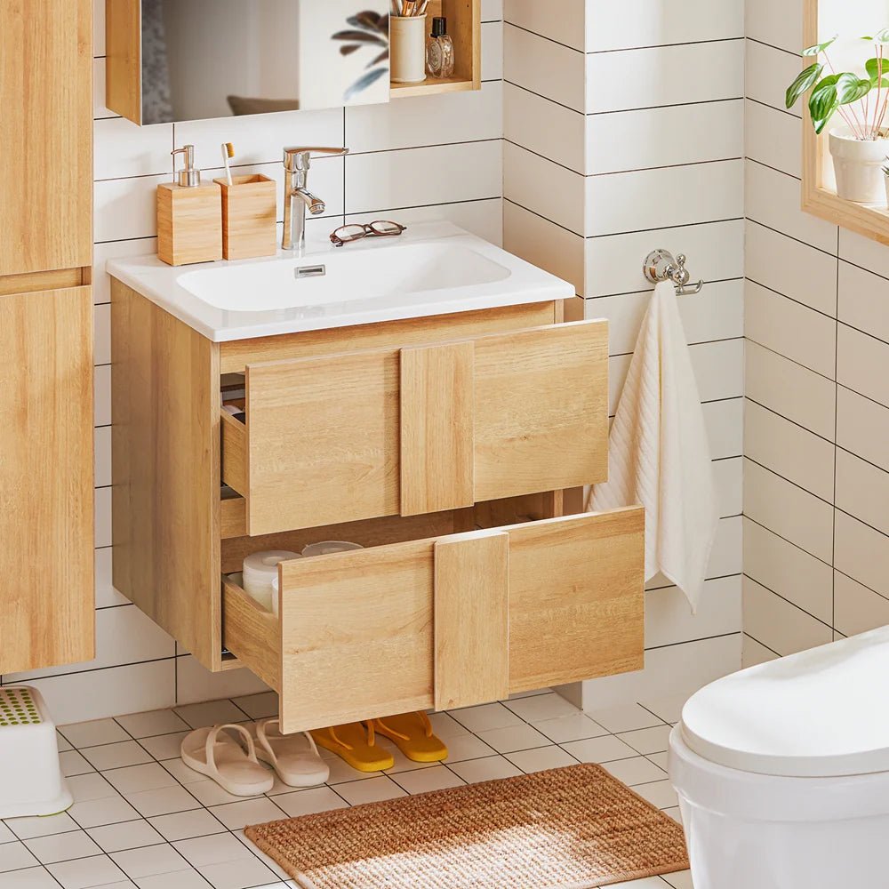 Naturfarvet underskab med integreret keramisk håndvask til badeværelse