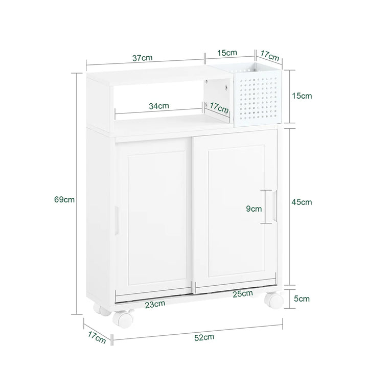 Elegant opbevaringsvogn til badeværelset med hvide hjul, L52xB17xH69 cm