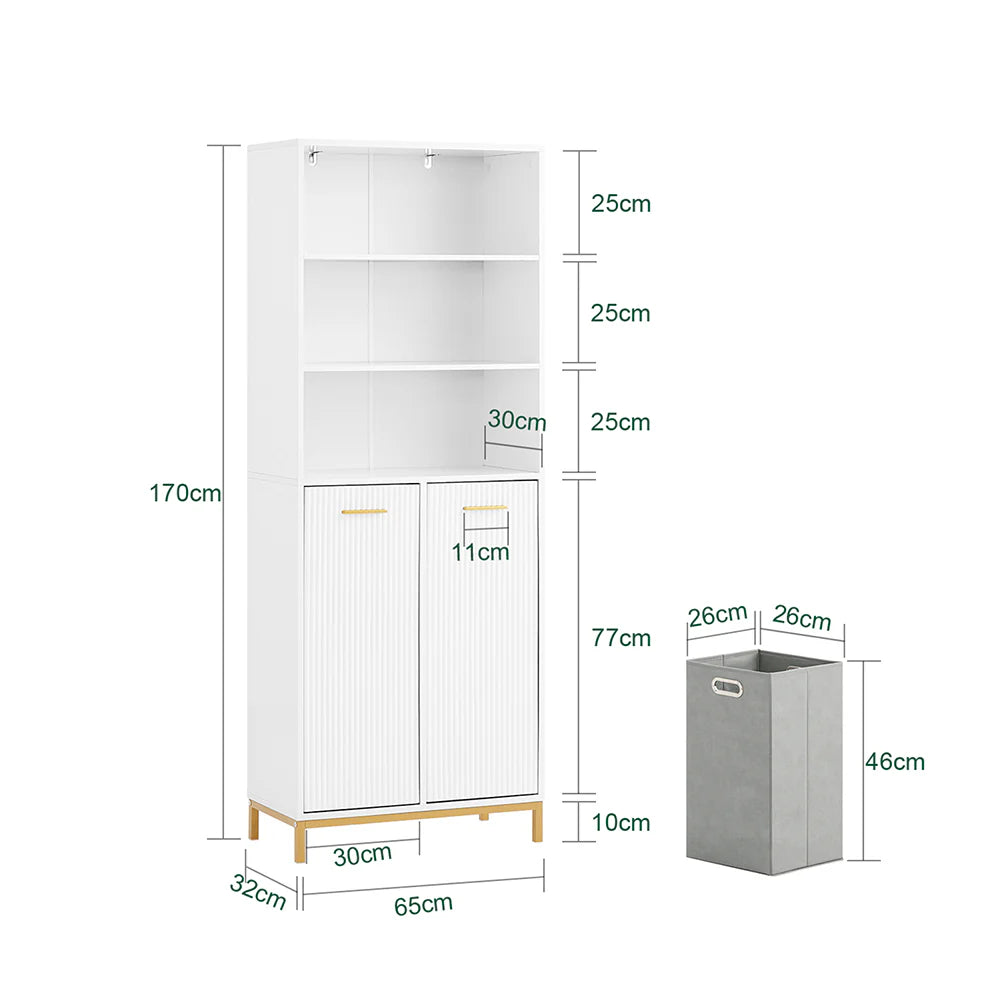 Rummeligt skab med 2 indbyggede vasketøjskurve, L65xB32xH170cm, hvid