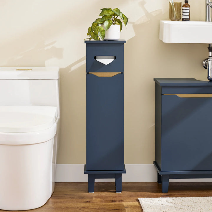 Pladsbesparende blå toiletpapirholder, L22xB20xH81 cm