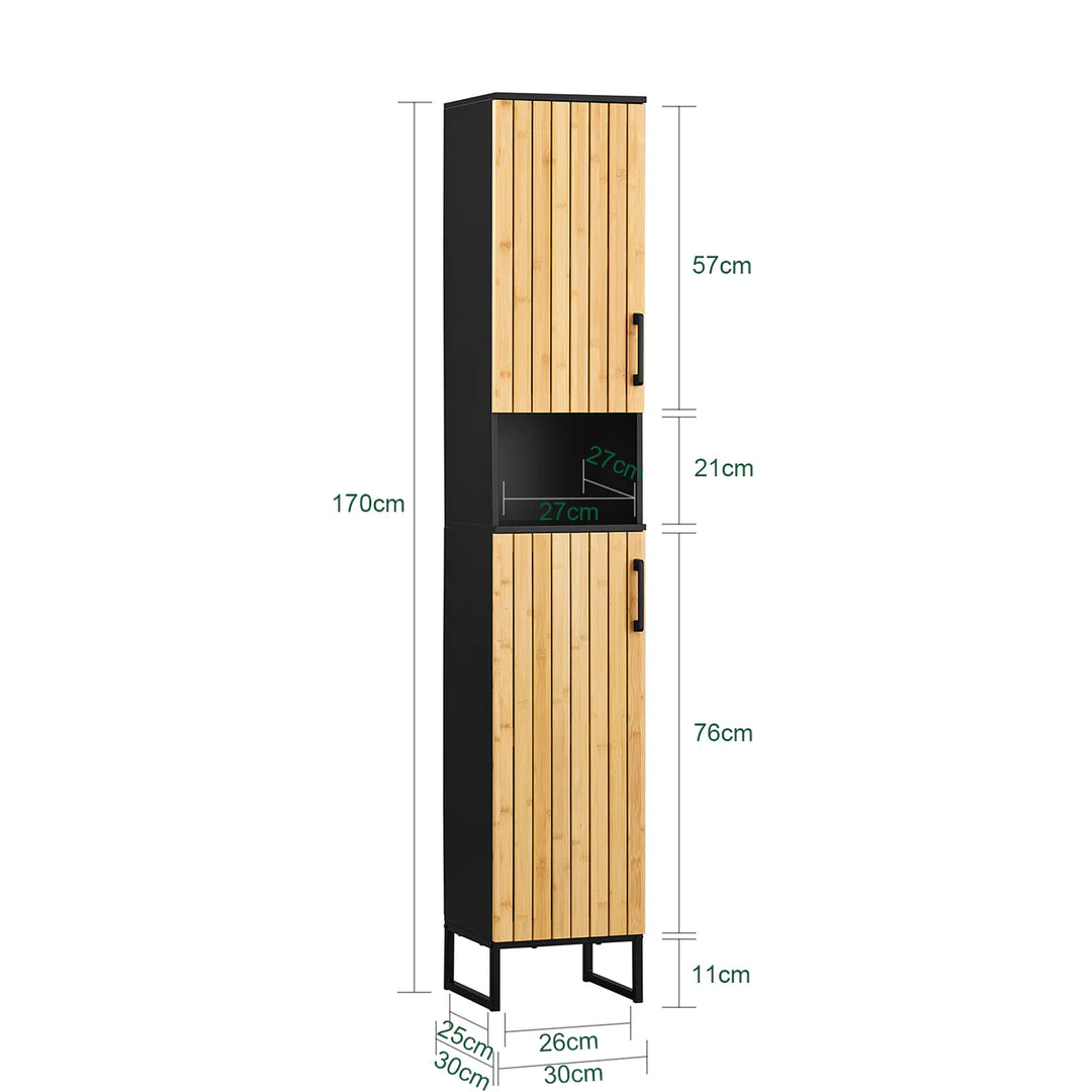 Smal og elegant badeværelsesreol i sort og naturfarve, B30xD30xH170 cm