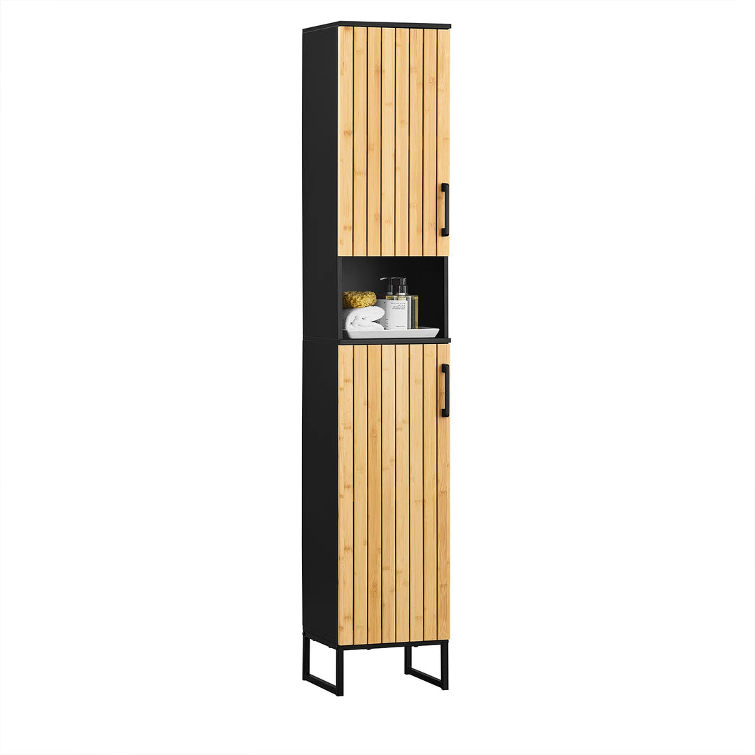 Smal og elegant badeværelsesreol i sort og naturfarve, B30xD30xH170 cm