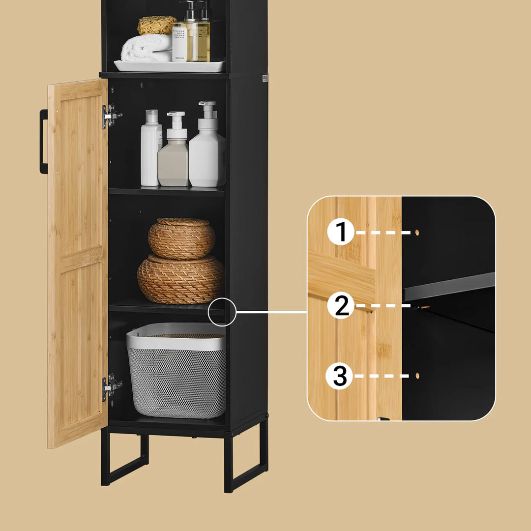 Smal og elegant badeværelsesreol i sort og naturfarve, B30xD30xH170 cm