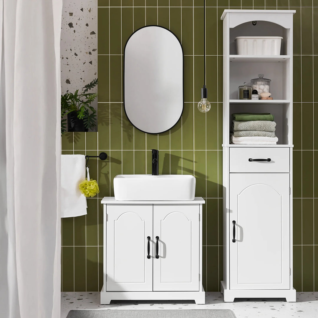 Fritstående badeværelsesskab til under vasken – hvidt MDF-skab med justerbare hylder, fugtresistent, mål 60 x 30 x 60 cm