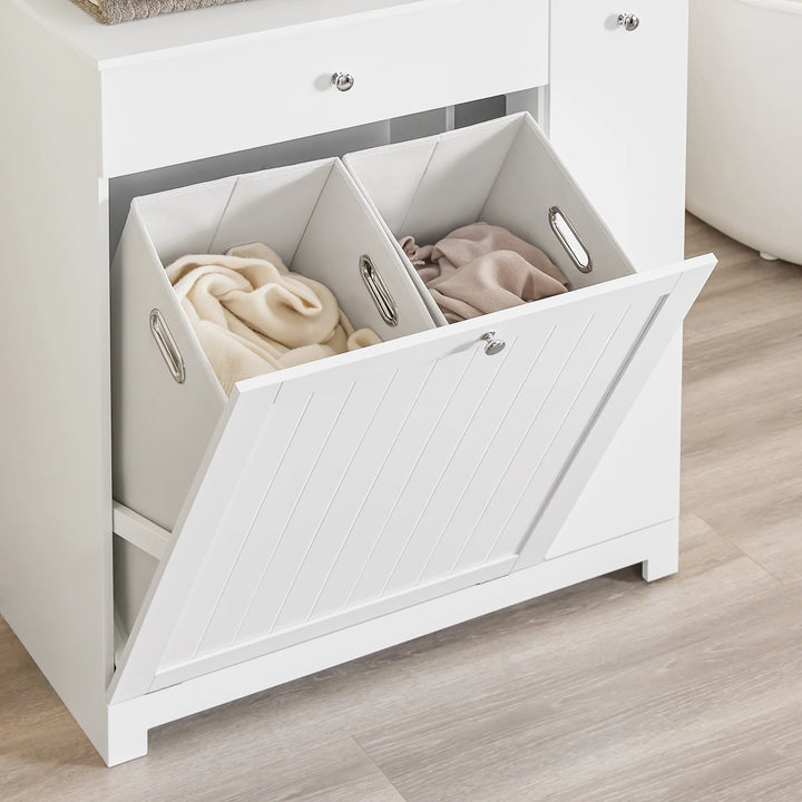 Badeværelsesskab med vasketøjsopsamler - badeværelsesskab med 1 skuffe, 2 vaskekurve og udtræksrum, smal højskab til badeværelsesmøbler kombination - 78 x 38 x 90 cm skab til badeværelse