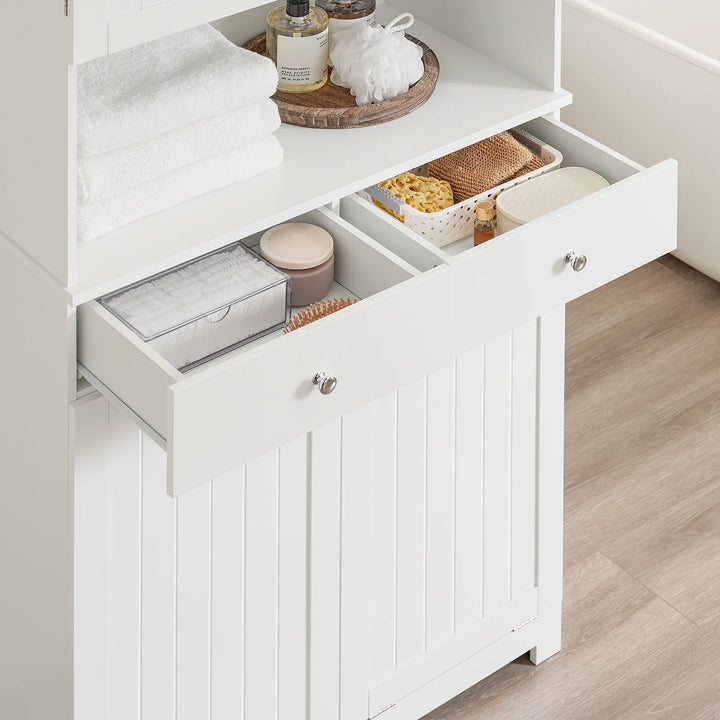 Badeværelsesmøbel til rodfri hverdag: skab med dobbelt vasketøjskurv og skuffer, 78x38x181 cm