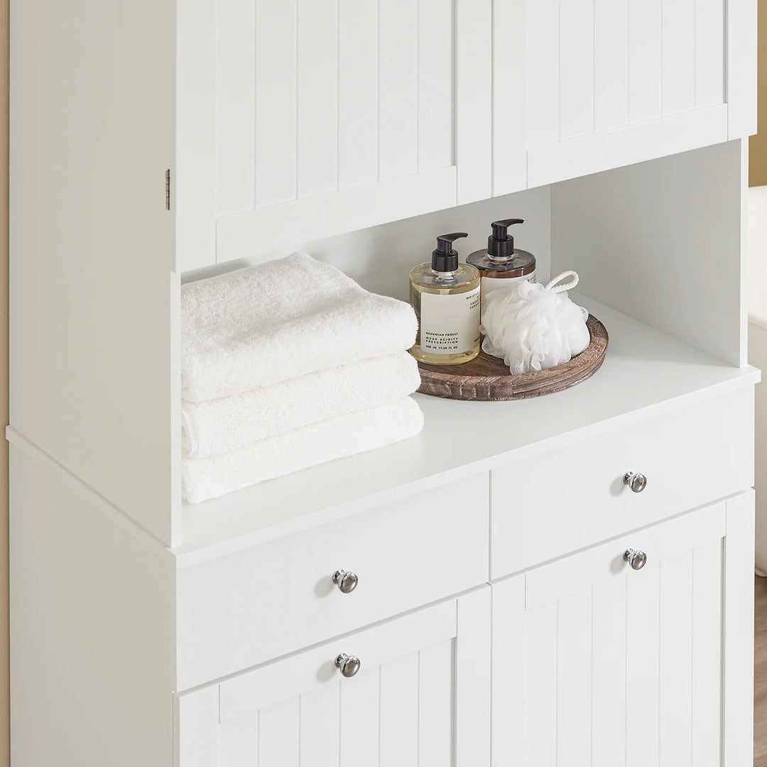 Badeværelsesmøbel til rodfri hverdag: skab med dobbelt vasketøjskurv og skuffer, 78x38x181 cm