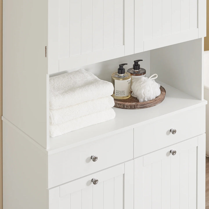 Badeværelsesmøbel til rodfri hverdag: skab med dobbelt vasketøjskurv og skuffer, 78x38x181 cm