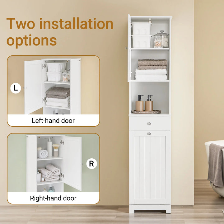 Hvidt badeværelsesskab (40x38x180 cm), kombineret med skuffe, åbent rum og vasketøjskurv