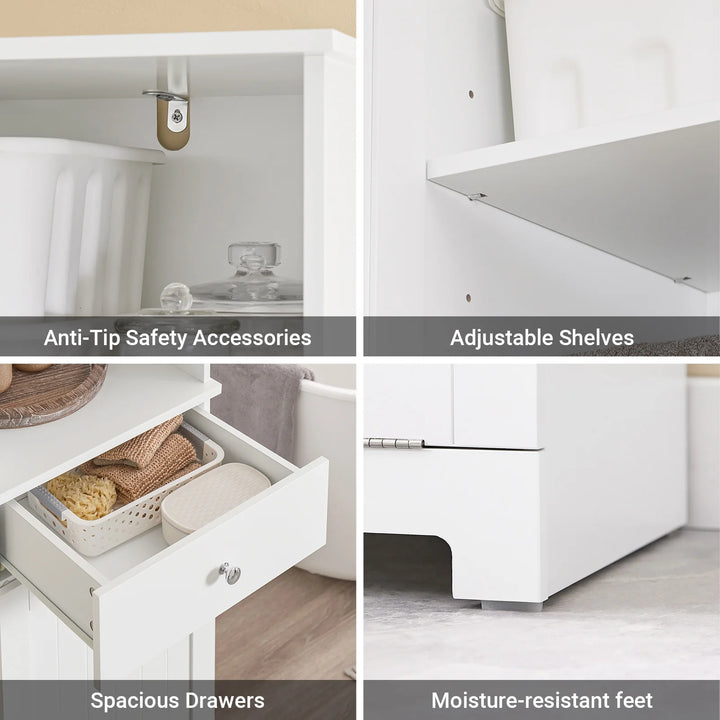 Hvidt badeværelsesskab (40x38x180 cm), kombineret med skuffe, åbent rum og vasketøjskurv