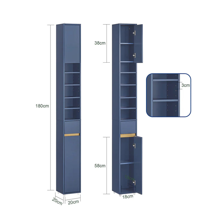 Pladsbesparende højskab til badeværelset, L20xB20xH180cm, blå