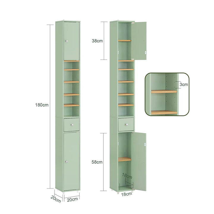 Pladsbesparende højskab i trendy grøn til badeværelset, L20xB20xH180cm