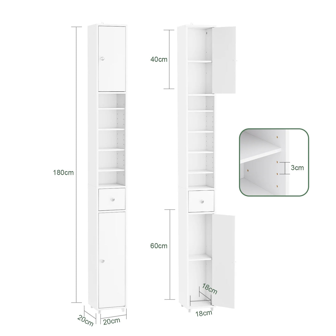 Kompakt badeværelsesskab – fritstående med justerbare hylder og skuffe, B20 x D20 x H180cm, hvid