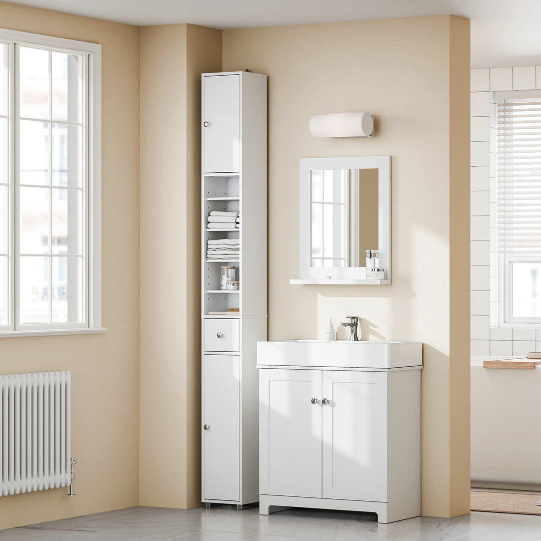 Kompakt badeværelsesskab – fritstående med justerbare hylder og skuffe, B20 x D20 x H180cm, hvid