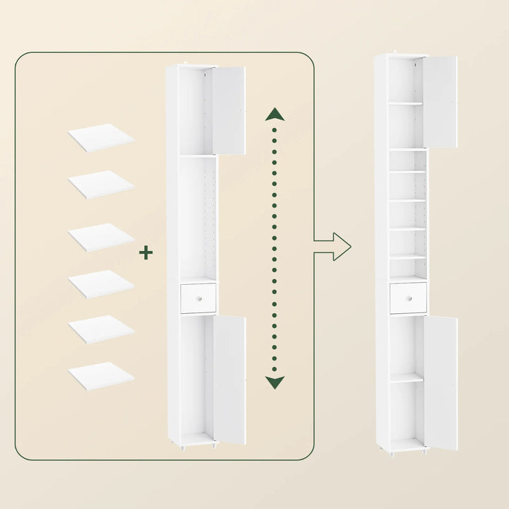 Kompakt badeværelsesskab – fritstående med justerbare hylder og skuffe, B20 x D20 x H180cm, hvid