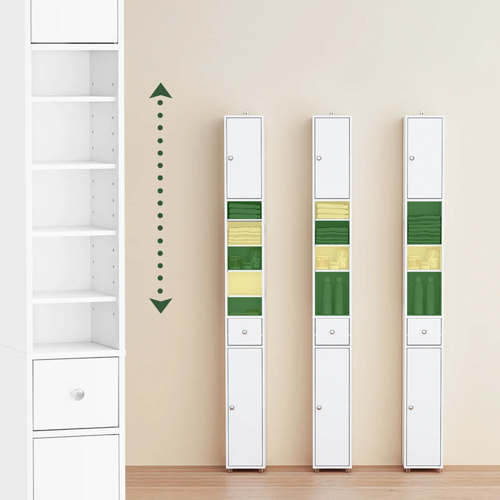 Kompakt badeværelsesskab – fritstående med justerbare hylder og skuffe, B20 x D20 x H180cm, hvid