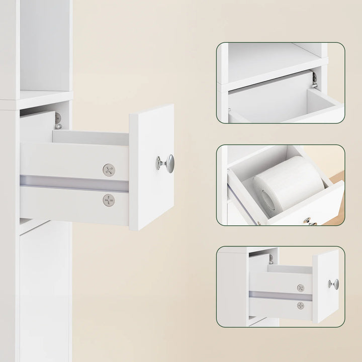 Kompakt badeværelsesskab – fritstående med justerbare hylder og skuffe, B20 x D20 x H180cm, hvid