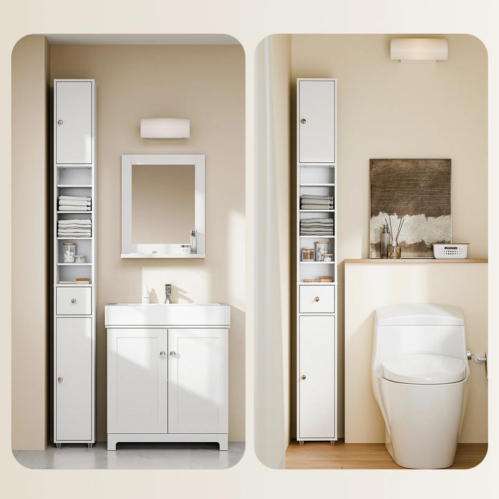 Kompakt badeværelsesskab – fritstående med justerbare hylder og skuffe, B20 x D20 x H180cm, hvid