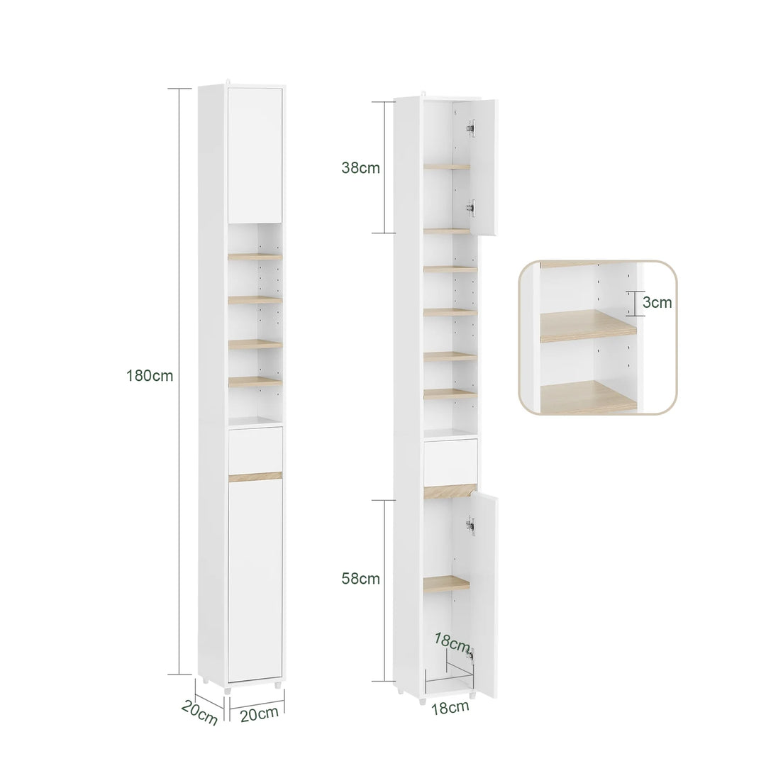 Stilrent og pladsbesparende badeværelsesskab, B20 x D20 x H180 cm, hvid