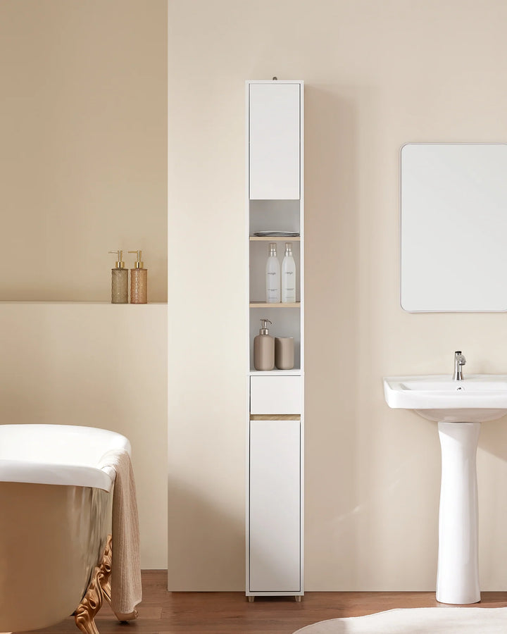 Stilrent og pladsbesparende badeværelsesskab, B20 x D20 x H180 cm, hvid
