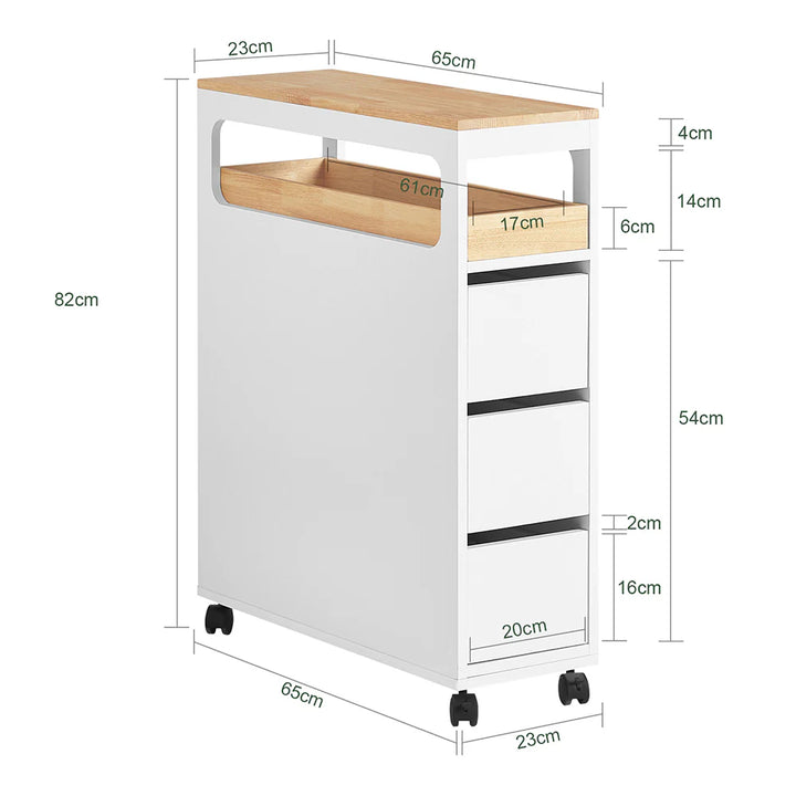 Rullevogn / badeværelsesskab til toiletpapir og opbevaring, smalt, B65 x D23 x H82 cm, hvid