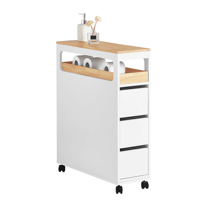 Rullevogn / badeværelsesskab til toiletpapir og opbevaring, smalt, B65 x D23 x H82 cm, hvid