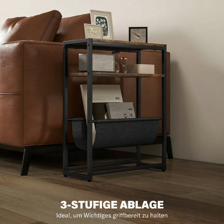 Sidebord, sofabord med 3-lags hylde, V-formet magasinholder, 43 x 18 x 56 cm, rustik brun