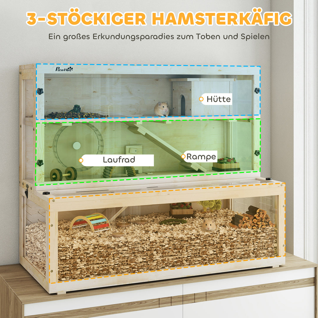 Hamsterbur, 3 niveauer, hytte, tilbehør, 100 x 50 x 84 cm, til flere små dyr, træ, plastik
