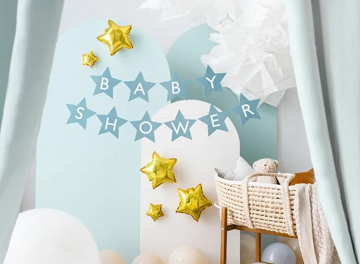 Bannerskilt til babyshower stjerner lyseblå 290 cm x 16,5 cm
