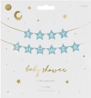 Bannerskilt til babyshower stjerner lyseblå 290 cm x 16,5 cm