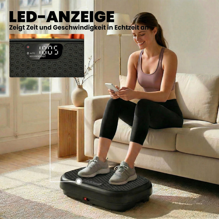 Vibrationsplade med 120 intensitetsniveauer, 5 forudindstillede programmer, fjernbetjening, LED-display til muskelopbygning, sort