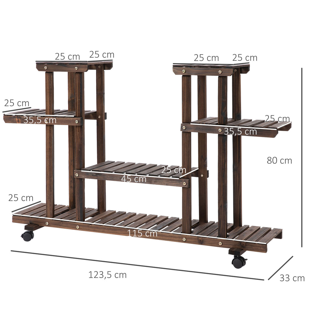 Blomstertrappe 6 hylder 4 hjul 123,5 cm × 33 cm × 80 cm massivt træ brunt 123,5 cm × 33 cm × 80 cm