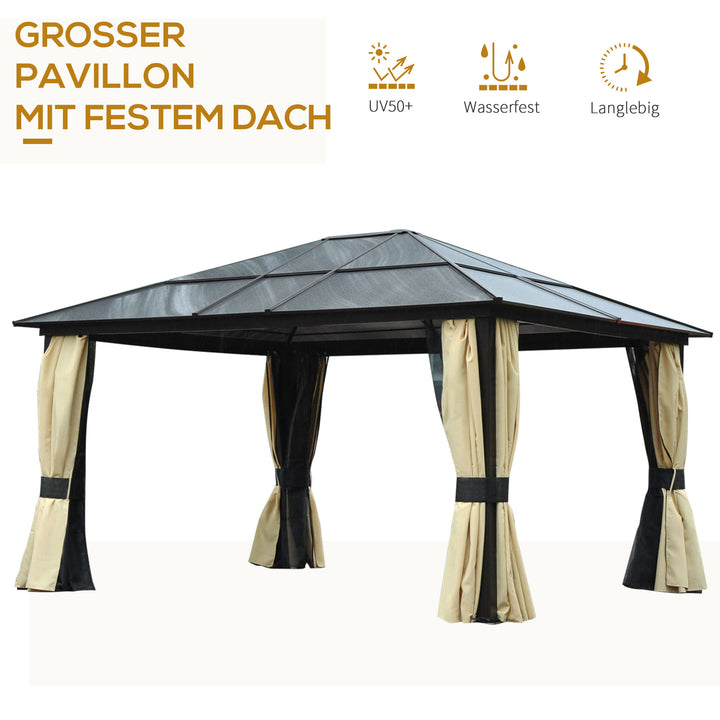 Havepavillon med hårdt tag 4,2 x 3,6 m, gardiner med fluenet, aluminiumsramme, brun+creme