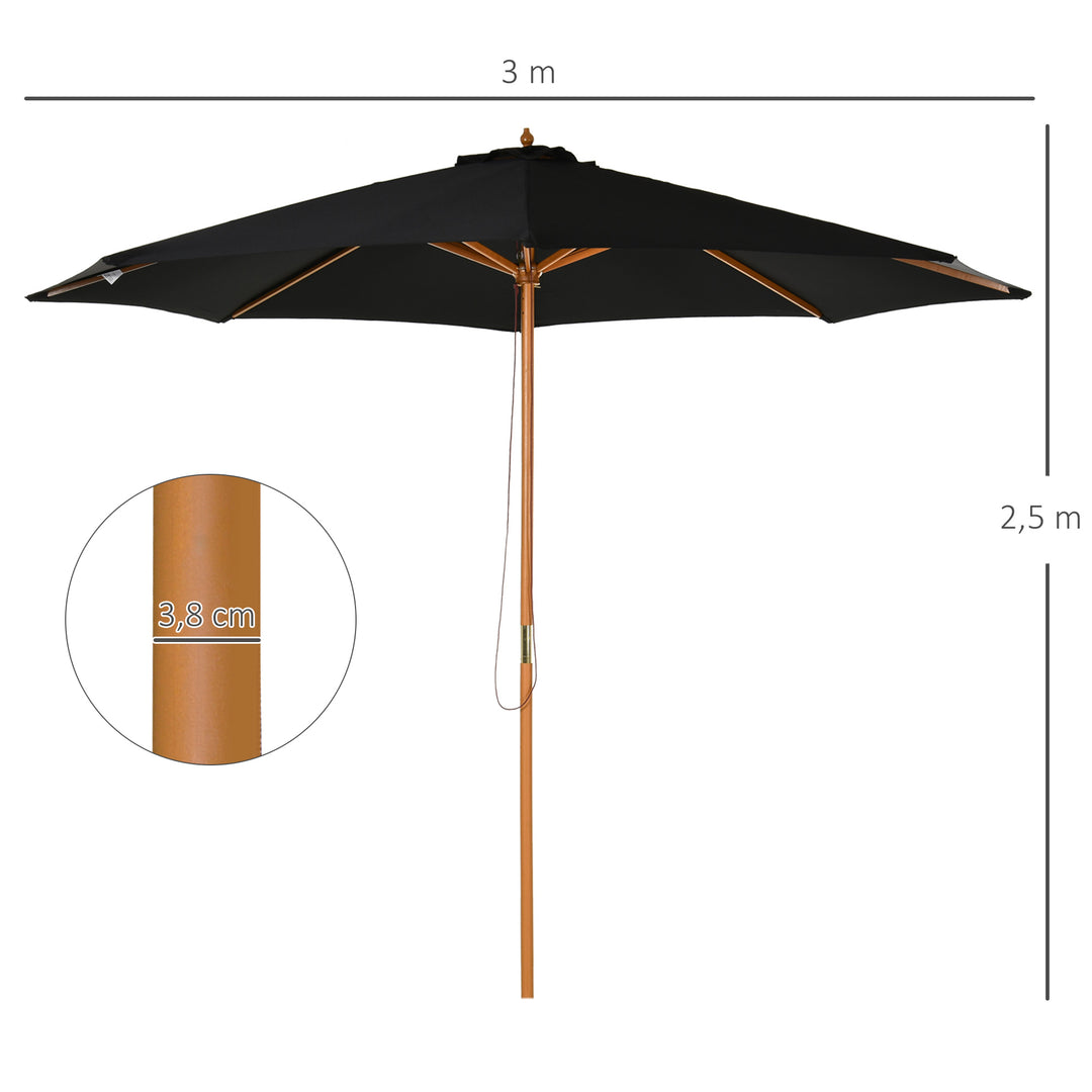 Parasol Ø 300 cm, parasol med UV-beskyttelse, træparasol til balkon, stabil strandparasol, markedsparasol, solbeskyttelse til strand, terrasse, have, sort