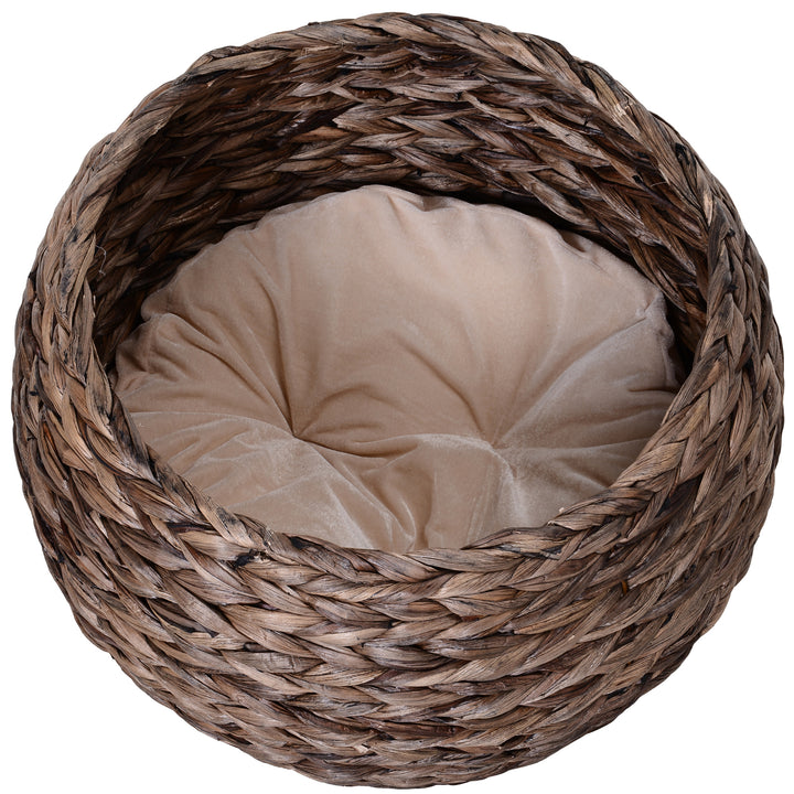 Vandhyacint kattekurv med pude, katteseng, kæledyrsseng, 50 cm x 42 cm x 60 cm, brun + beige