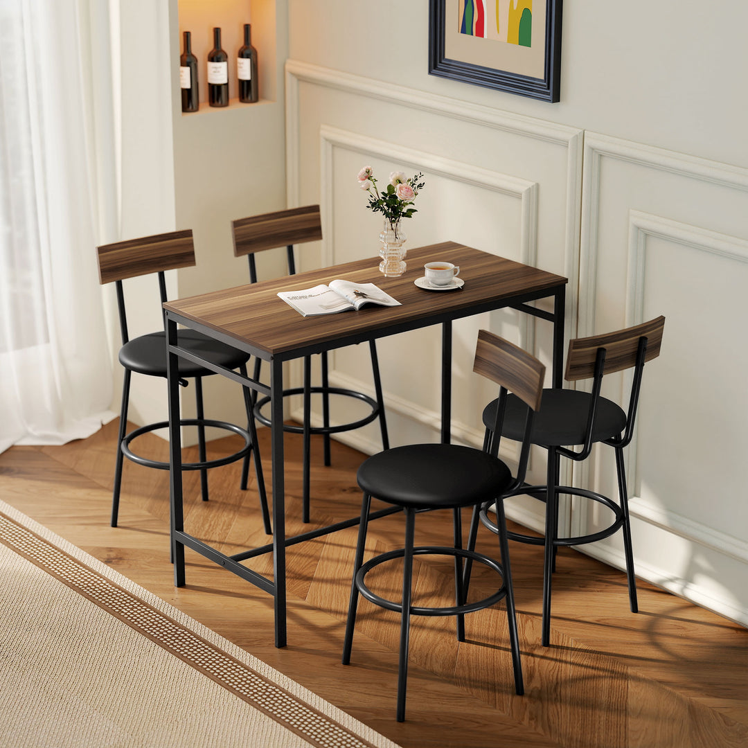 5-delt barbordssæt med 4 stole, industrielt design, til køkken, spisestue, træ, stål, brun