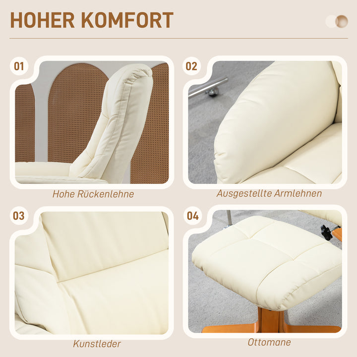 Lænestol med fodskammel, lænefunktion, betræk i kunstlæder, op til 150 kg, 71 x 84 x 102 cm, cremehvid