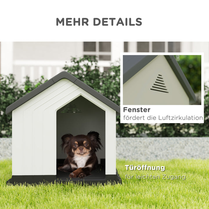 Hundehus, vejrbestandigt, vindue og dør, til små hunde op til 10 kg/40 cm længde, 62x61x60 cm, grå/hvid