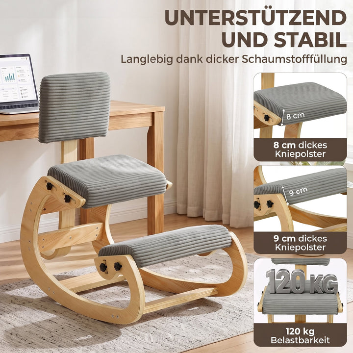 Ergonomisk knælestol med ryglæn, corduroy-look, grå