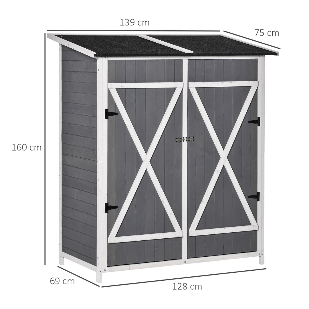Haveskab med 2 døre, værktøjsskab med asfalttag, haveopbevaringsskab, antidumping design med slebne søm, grantræ, grå + hvid, 139 x 75 x 160 cm