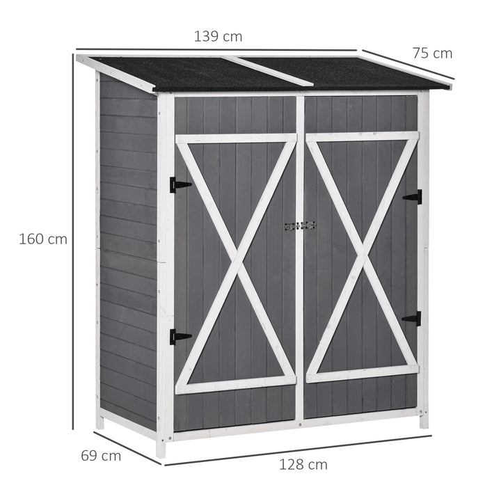 Haveskab med 2 døre, værktøjsskab med asfalttag, haveopbevaringsskab, antidumping design med slebne søm, grantræ, grå + hvid, 139 x 75 x 160 cm
