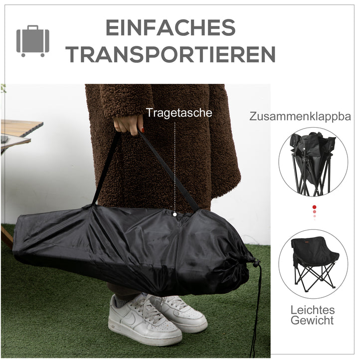 Foldbar campingstol med stålramme og stofsæde og bæretaske, sort