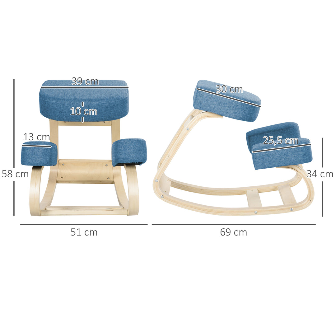 Knælestol, ergonomisk skammel, polstret skammel for en sund kropsholdning, birketræ, 120 kg lasteevne, blå