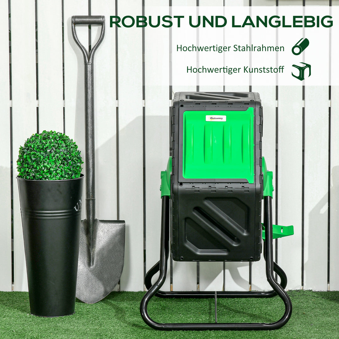 Kompostbeholder, 65 liter kompostbeholder, roterbar, kompakt, 24 ventilationshuller, stål, plastik, grøn+sort